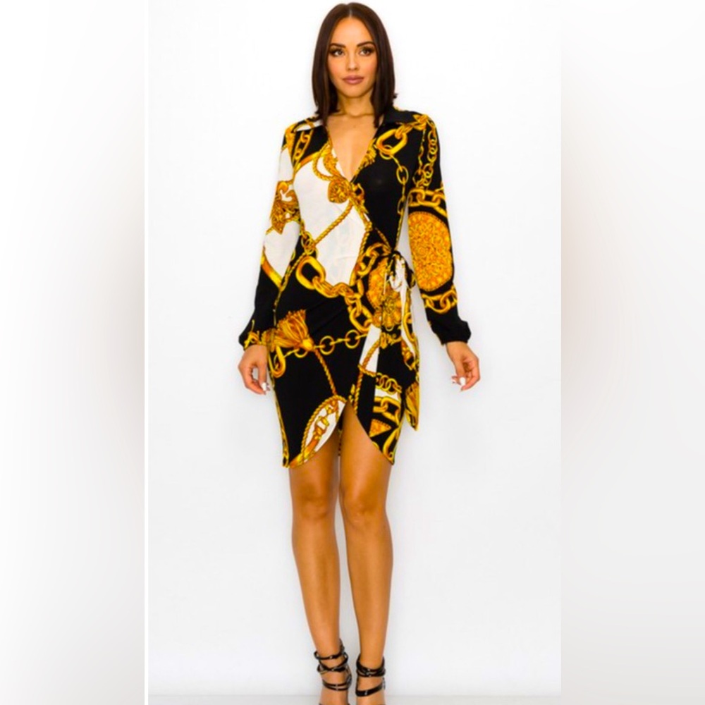 Black and Gold Chain Print asymmetrical Dress